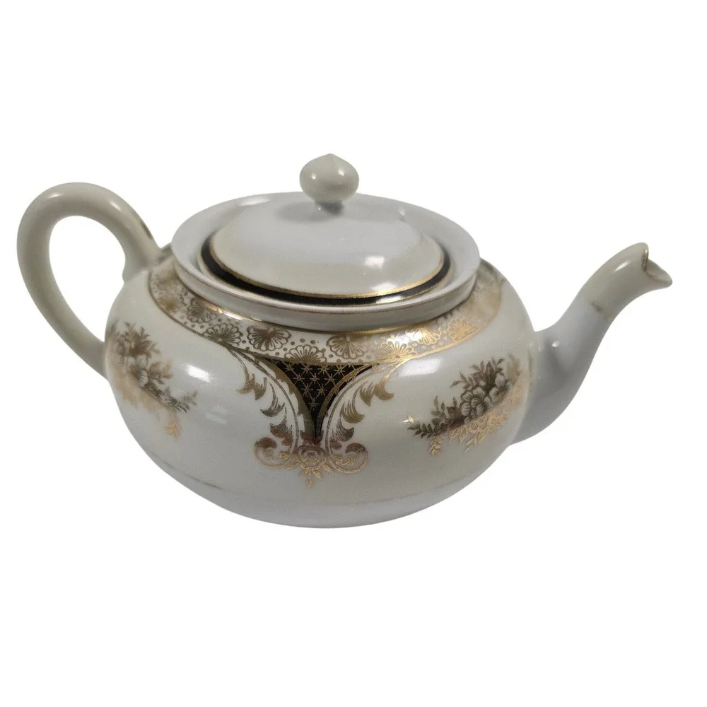 Noritake Hand Painted Porcelain Teapot‎ Gold Floral Black Accent Japan Vintage